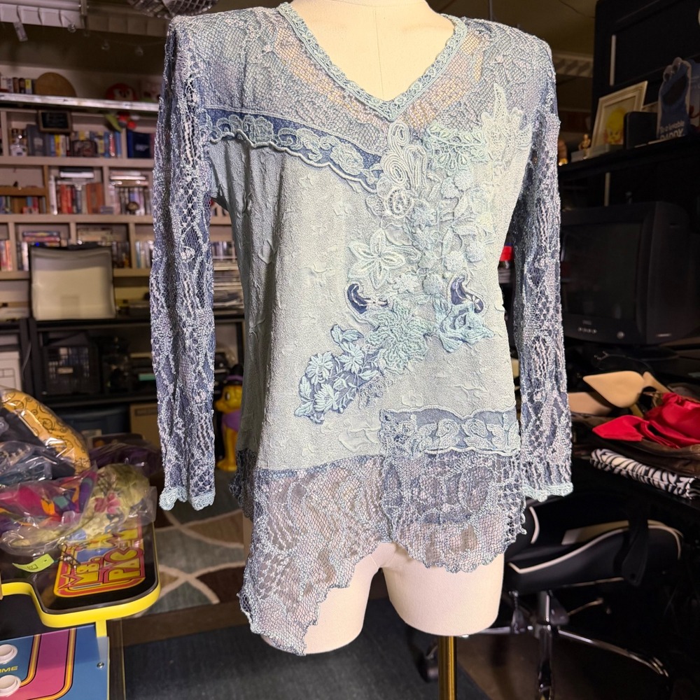 Martina Vidal Venezia Blue Lace Embroidered Long Sleeve Top Size L